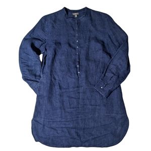 J Jill Linen Dress Tunic Blue Small Button Down Long Sleeves Pockets Casual Work
